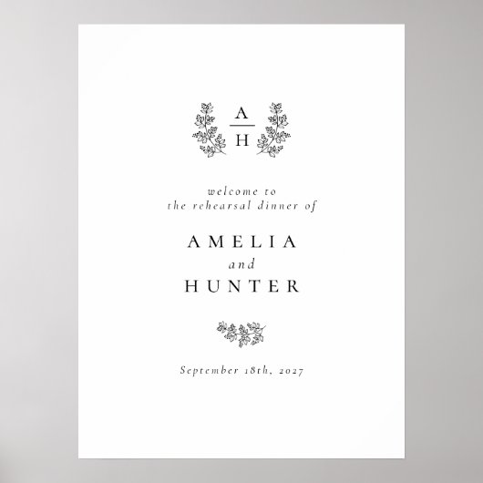 Elegant Botanical Monogram Rehearings Dinner Sign Poster (Voorkant)