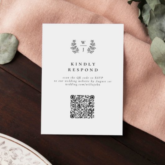 Elegant Botanical Monogram Weddenschap QR Code RSV RSVP Kaartje
