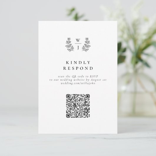 Elegant Botanical Monogram Weddenschap QR Code RSV RSVP Kaartje (Staand voorkant)