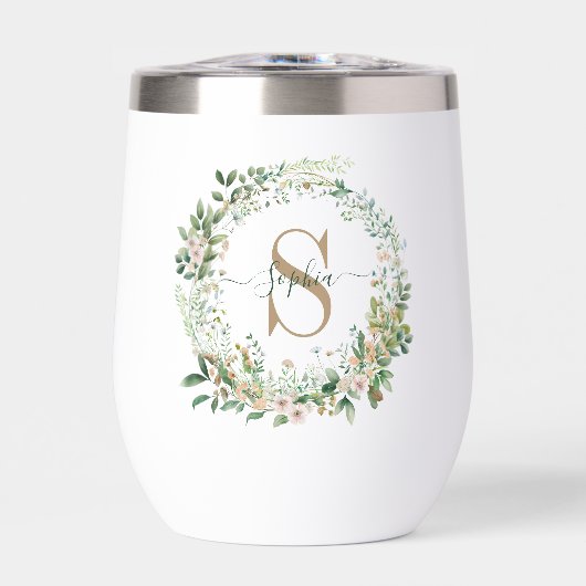 Elegant Botanical Monogram Wine Tumbler with Name (Voorkant)