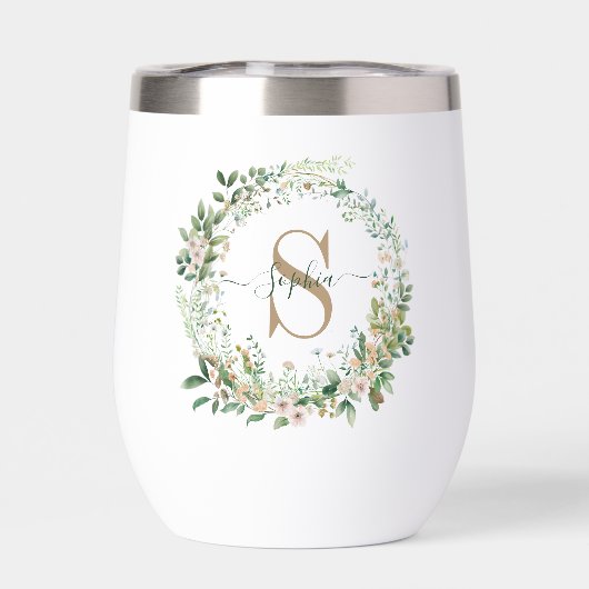 Elegant Botanical Monogram Wine Tumbler with Name (Achterkant)