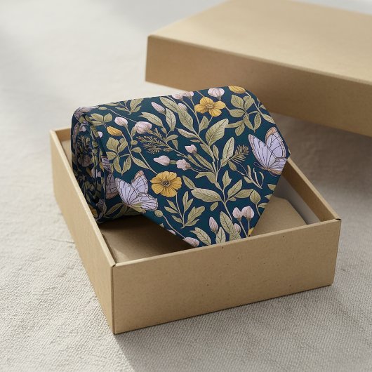 Elegant Botanical Pattern with Butterflies on Dark Stropdas