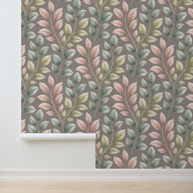 Elegant Botanical Pink & Sage Leaf Pattern Behang (Applicatie)
