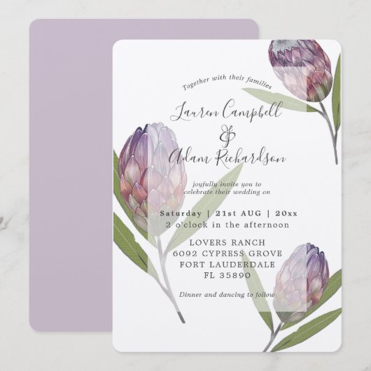 Elegant Botanical Protea Paars Wedding Invitation Kaart (Voorkant / Achterkant)