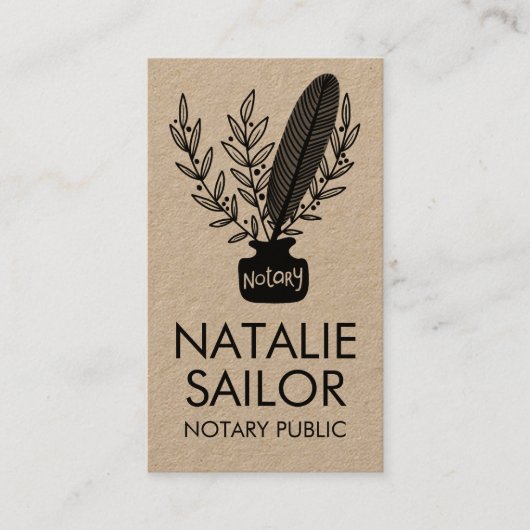 Elegant Botanical Quill Logo Notary Public Kraft Visitekaartje (Voorkant)