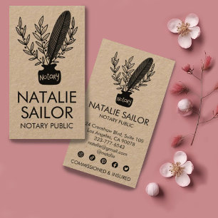 Elegant Botanical Quill Logo Notary Public Kraft Visitekaartje