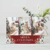 Elegant Botanical Red Photo Collage Christmas Feestdagenkaart (Staand voorkant)