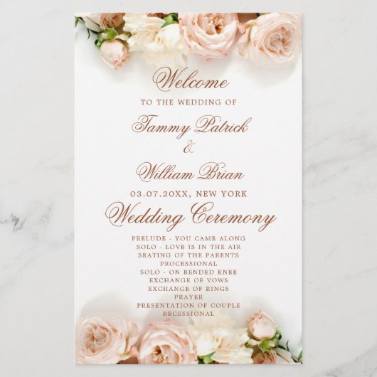Elegant Botanical Rozen Floral Wedding Programme (Voorkant)