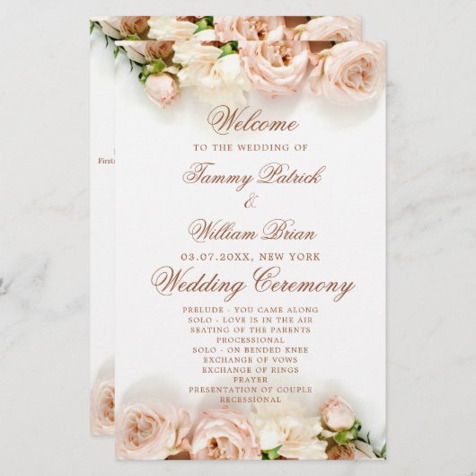 Elegant Botanical Rozen Floral Wedding Programme (Voorkant / Achterkant)