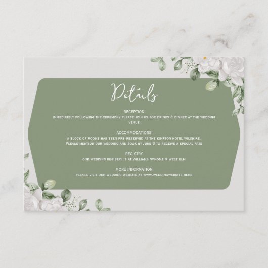 Elegant Botanical Sage Green White Floral Design Informatiekaartje (Voorkant)