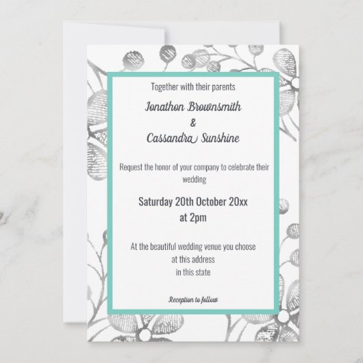 ELEGANT BOTANICAL SILVER GRAY WHITE AQUA WEDDING KAART (Voorkant)