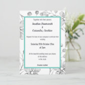ELEGANT BOTANICAL SILVER GRAY WHITE AQUA WEDDING KAART (Staand voorkant)