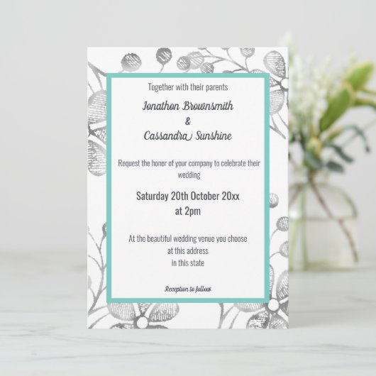 ELEGANT BOTANICAL SILVER GRAY WHITE AQUA WEDDING KAART (Staand voorkant)
