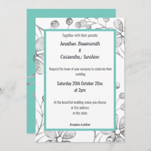 ELEGANT BOTANICAL SILVER GRAY WHITE AQUA WEDDING KAART (Voorkant / Achterkant)