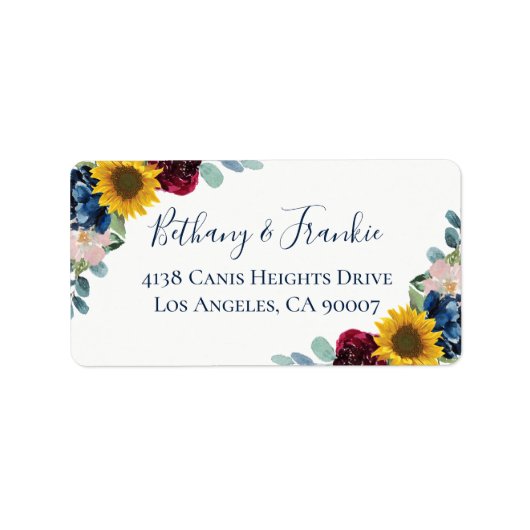 Elegant Botanical Sunflower Red Navy Blue Floral Etiket (Voorkant)