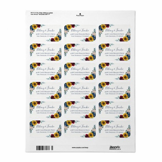 Elegant Botanical Sunflower Red Navy Blue Floral Etiket (Full Sheet)