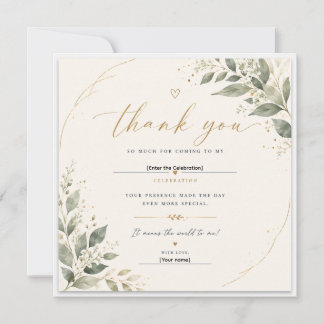 Elegant Botanical Thank You Card Sage Green & Gold