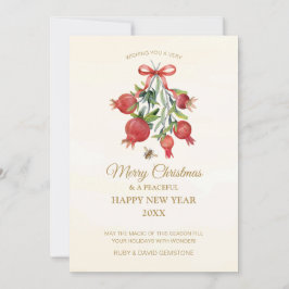 Elegant Botanical Watercolor Pomegranates Red Bow Feestdagenkaart