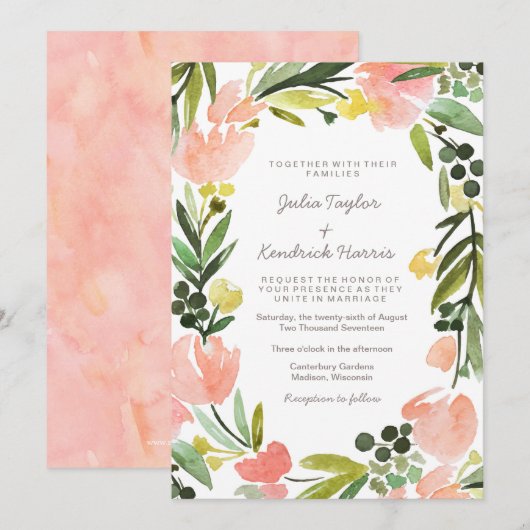 Elegant Botanical Waterverf Floral Wedding Kaart (Voorkant / Achterkant)