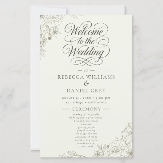 Elegant Botanical Wedding Ceremony Program Sign (Voorkant)