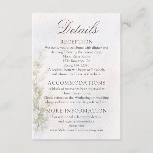 Elegant Botanical Wedding Details Card Informatiekaartje (Voorkant)