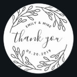 Elegant Botanical Wedding Favor Bedankt Ronde Sticker<br><div class="desc">Op maat ontworpen bruiloft gunst dank u stickers / labels met moderne elegante handgetekende bladeren en takken ontwerp. Personaliseer met de namen en trouwdatum van bruid en bruidegom / paar voor een vleugje stijl op trouwkaarten,  uitnodigingen,  gunsten labels,  geschenken en meer.</div>