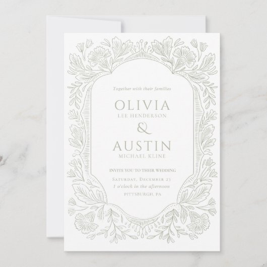 Elegant Botanical Wedding | Heirloom Sage Invite Kaart (Voorkant)
