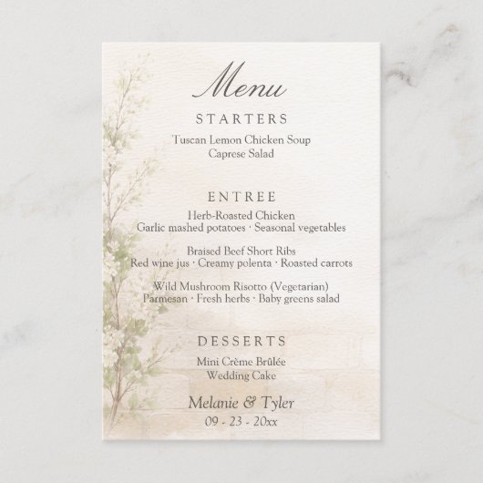 Elegant Botanical Wedding Menu Card (Voorkant)