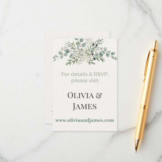 Elegant Botanical Wedding Website Insert Card Advieskaart (Voorkant / Achterkant in situ)