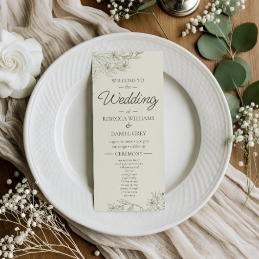 Elegant Botanical Wedding Welcome Ceremony Program Menu