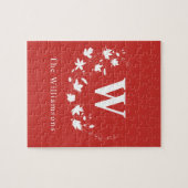 Elegant Botanical Wreath Monogrammed Name Red Legpuzzel (Horizontaal)