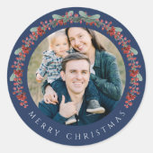 Elegant Botanical Wreath Photo Christmas Ronde Sticker (Voorkant)