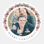 Elegant Botanical Wreath Photo Christmas Ronde Sticker (Voorkant)