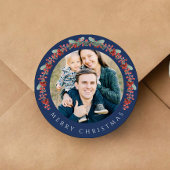 Elegant Botanical Wreath Photo Christmas Ronde Sticker