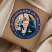 Elegant Botanical Wreath Photo Christmas Ronde Sticker