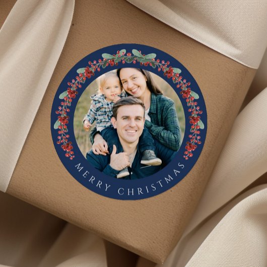 Elegant Botanical Wreath Photo Christmas Ronde Sticker