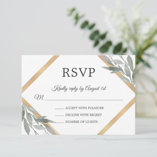 Elegant Botanisch Blad Blad Blad Goud Folie Bruilo RSVP Kaartje (Staand voorkant)