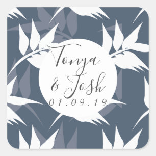 Elegant Botanisch Blad Navy Witte Patroon Huwelijk Vierkante Sticker