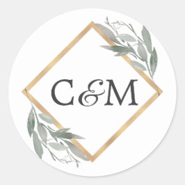 Elegant Botanisch Blad Salie Groen Goud Bruiloft Ronde Sticker