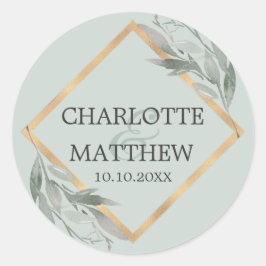 Elegant Botanisch Blad Salie Groen Goud Bruiloft Ronde Sticker