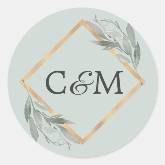 Elegant Botanisch Blad Salie Groen Goud Bruiloft Ronde Sticker (Voorkant)