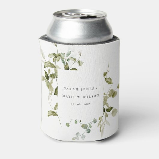 Elegant Botanisch Bladblad Waterverf Bruiloft Blikjeskoeler (Blikje Achterkant)