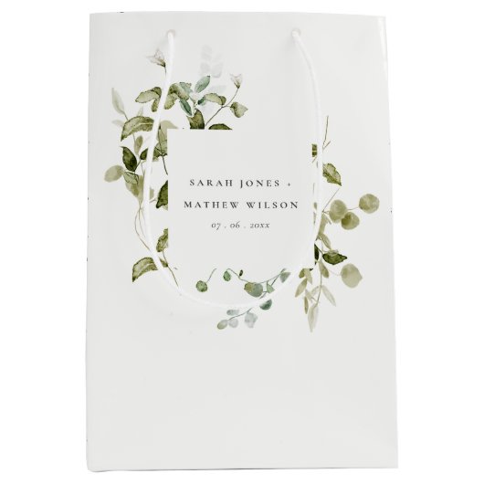 Elegant Botanisch Bladblad Waterverf Bruiloft Medium Cadeauzakje (Voorkant)