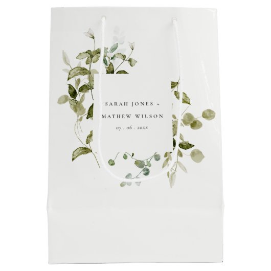 Elegant Botanisch Bladblad Waterverf Bruiloft Medium Cadeauzakje (Achterkant)