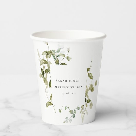 Elegant Botanisch Bladblad Waterverf Bruiloft Papieren Bekers (Achterkant)