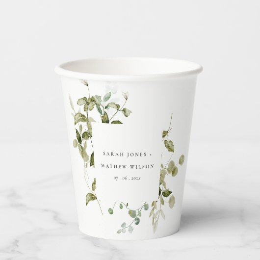 Elegant Botanisch Bladblad Waterverf Bruiloft Papieren Bekers (Voorkant)