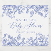 Elegant Botanisch Blauw Bloemen Baby shower Sparkling Wijnetiket (Enkel label)