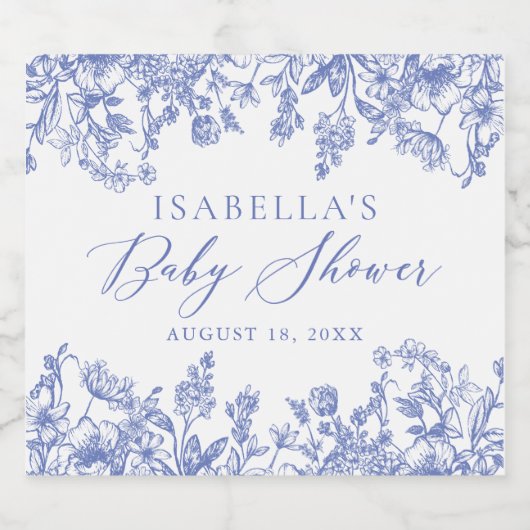 Elegant Botanisch Blauw Bloemen Baby shower Sparkling Wijnetiket (Enkel label)