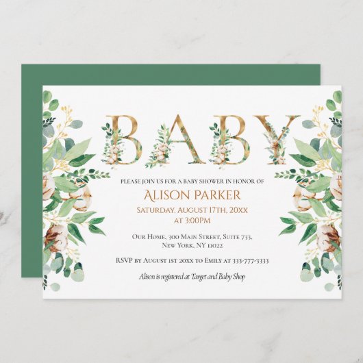 Elegant Botanisch Eucalyptus Gold Baby shower Kaart (Voorkant / Achterkant)