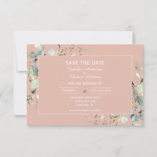 Elegant botanisch Eucalyptus Roos Kleur Save The Date (Voorkant)